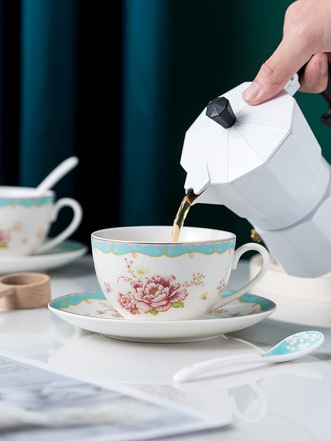 Jusalpha Serve of 4 Vintage Rose China Tea Cup/Coffee Cup Spoon and Saucer Set- 7 Oz, Afternoon Tea Set, Gift for Women TCS29(4)