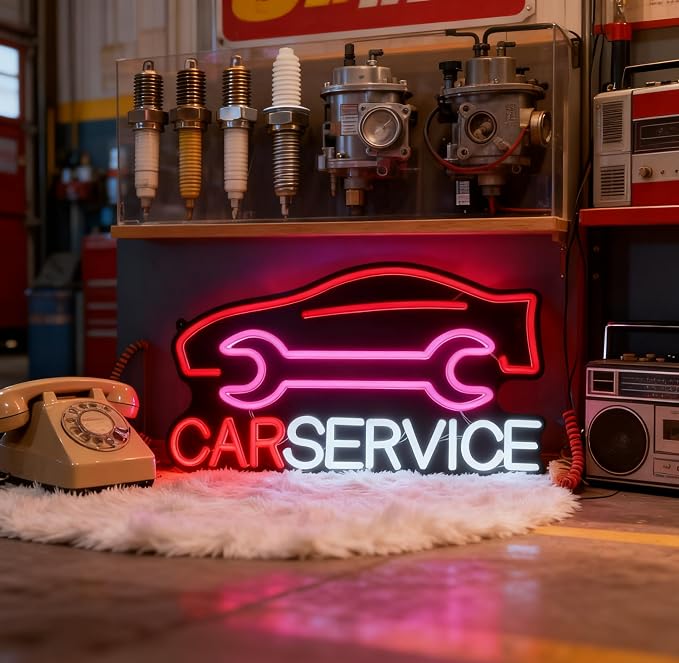 Car Service Neon Sign, Car Silhouette and Wrench Shapes Decorative Neon Light for Auto Shop Garage Workshop Man Cave Wall Table Automotive Themed Decor, USB Powered LED Light, 16.1 x 9.1 In - Image 4