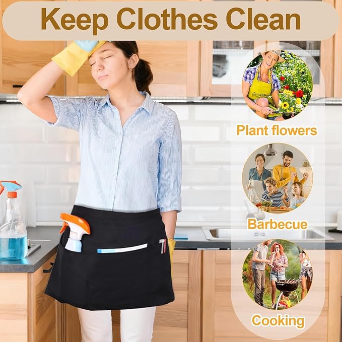 mwellewm 15 Packs Server Apron with 3 Pockets, Black Serving Half Waitress Apron for Women and Men, Widened and Extended Waist Strap Reinforced Seams Water and Stain Resistant for Book Phone - Image 9