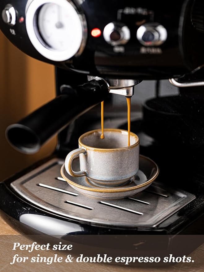 Gomakren 2.5 Ounce Espresso Cups Set of 4, Small Stackable Coffee Cups with Saucers and Metal Stand, Valentine Porcelain Demitasse Cups for Specialty Coffee Drinks, Espresso, Cappuccino, Latte, Gray