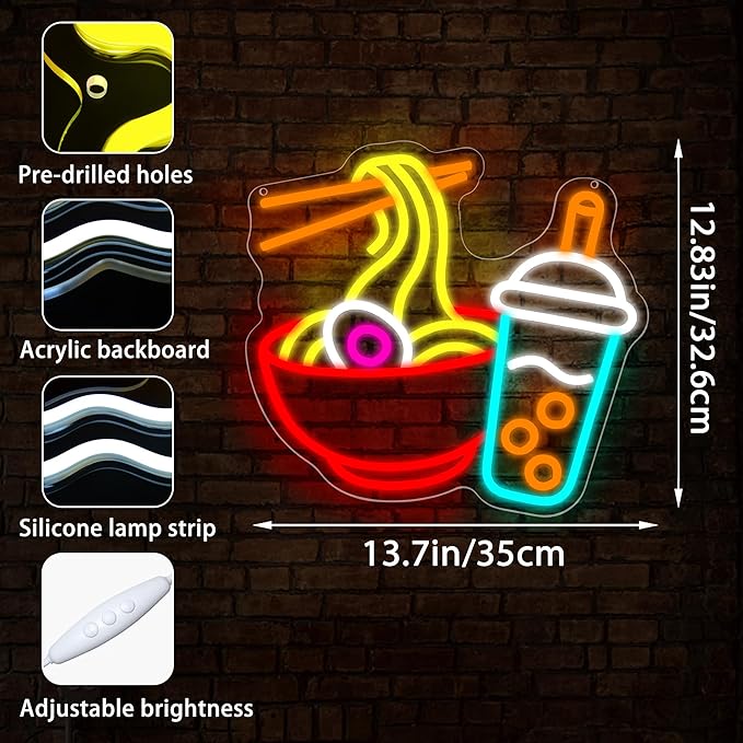 Ramen Neon Signs for Wall Decor Dimmable Noodles Light Up Sign Japanese Wall Decor for Kitchen Restaurant Bar Juice Shop Japanese LED Wall Art for Market Bedroom Party Gifts Size 13.8 * 12.8in(P037)