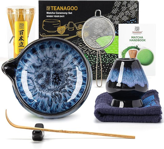 TEANAGOO 7 Pcs Matcha Whisk Set,Matcha Set for Ceremony,Matcha Kit Junware-Blue,Matcha Tea Set for Making Breakfast/Latte,Ceramic Bowl(chawan) whith Spout and Whisk,Gift for Matcha Lover