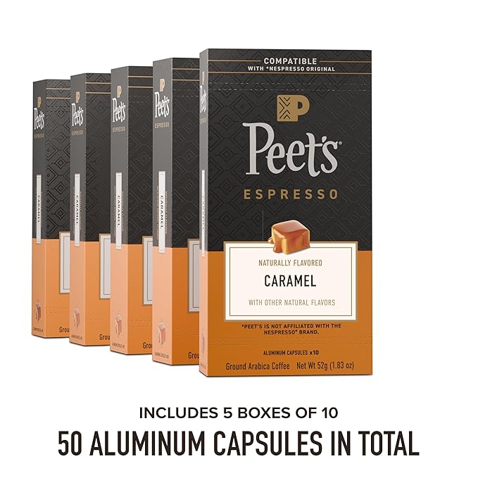 Peet's Coffee, Medium Roast Espresso Capsules, Compatible with Nespresso Original Machine - Caramel, 50 Count (5 Boxes of 10 Espresso Capsules)