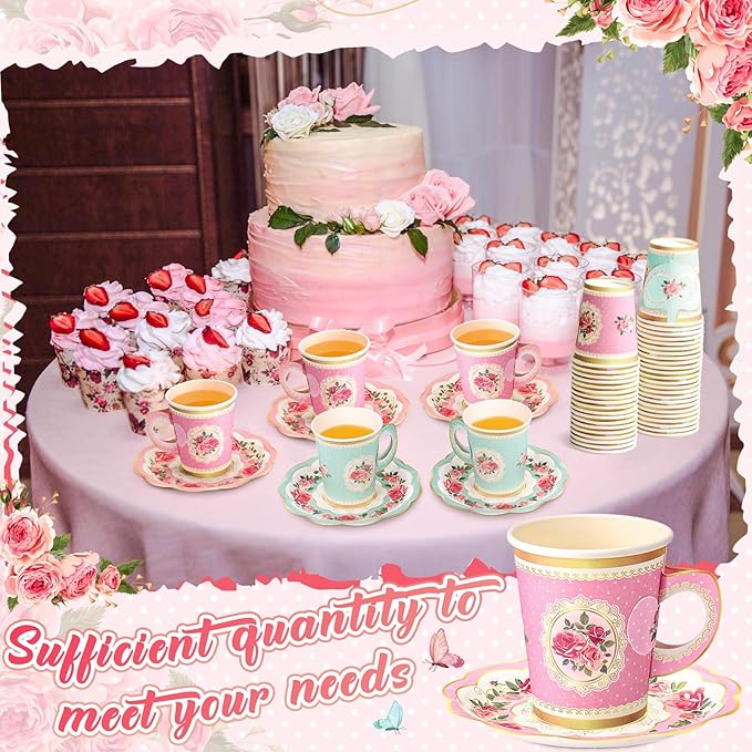 Tioncy 100 Pcs Tea Party Decorations Include 50 Pieces 9 oz Paper Tea Cups with Handle and 50 Plates Disposable Teacups and Saucers Sets for Birthday(Pink and Blue Floral)