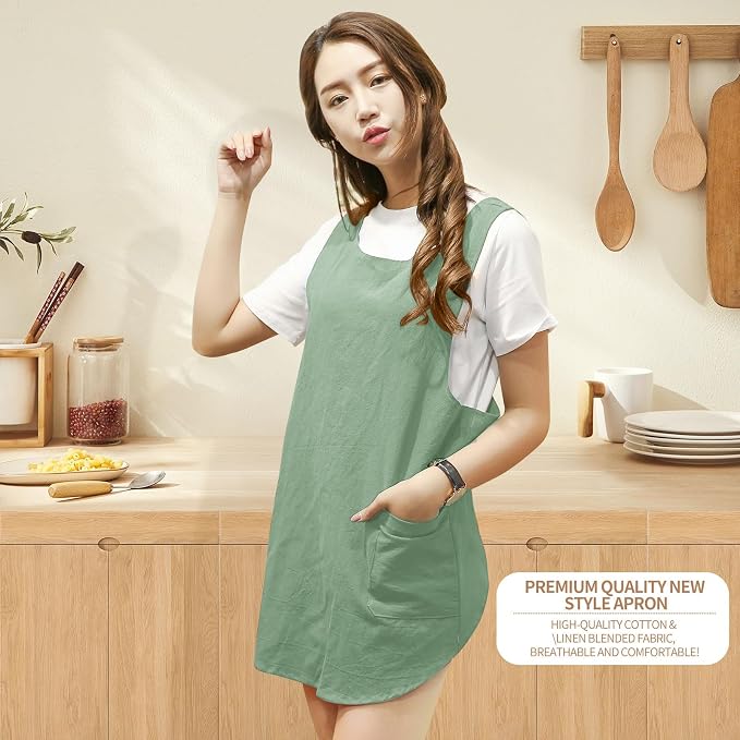 Shortened Design Apron, Japanese Style Soft Cotton Linen Apron with Two Side Pockets, X Cross Halter Aprons, Kitchen Cooking Clothes Gift for Women DIY Project, Crafting, Cooking, Baking(Mint Green) - Image 2