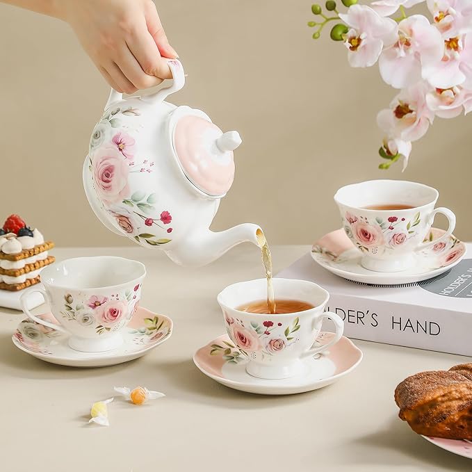 Floral Porcelain Tea Cup Set of 6 (12-Piece), 6 Cups & 6 Saucers with Rose Pattern, 6oz Scalloped Edge Coffee Cups, Dishwasher & Microwave Safe, Elegant Gift
