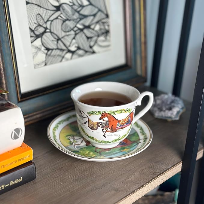 STP GOODS Bone China Tea/Coffee Cup and Saucer in Gift Box Fine Bone China Tea Cup and Saucer Set of One (Running Horse)