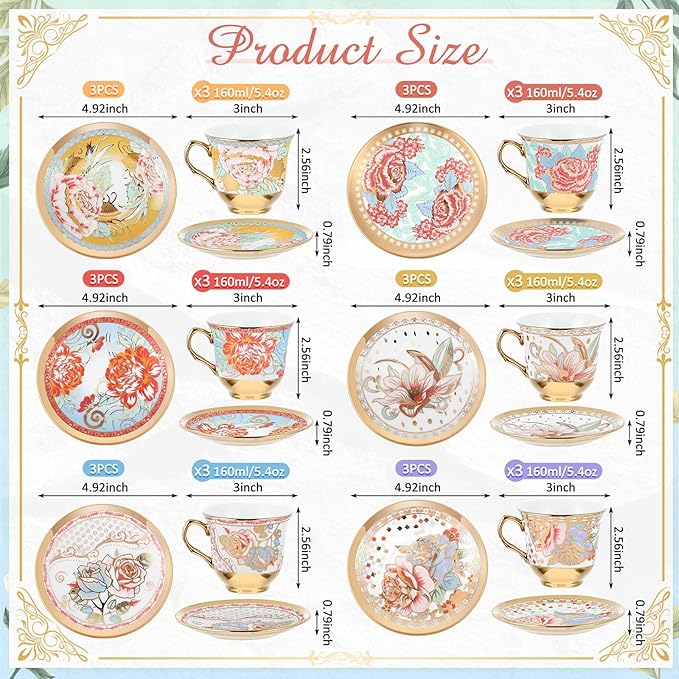 Set of 18 Tea Cups and Saucers Tea Party Decorations Floral Porcelain 5.4 oz British Gift for Women Birthday Party, Church, and Mother's Day (Vibrant Style)