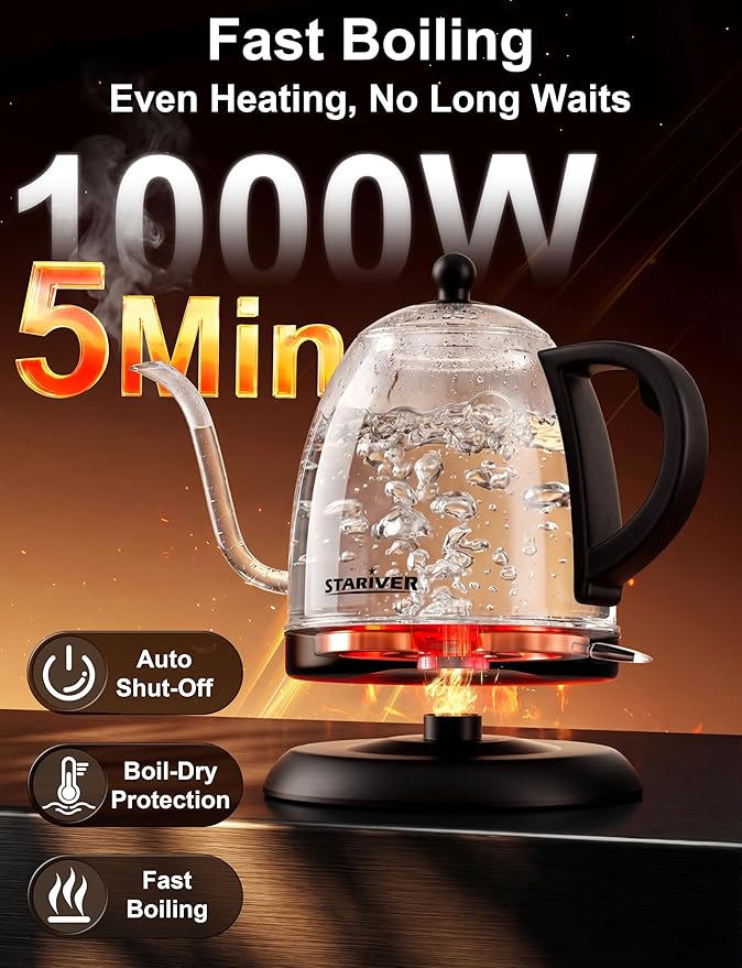 Stariver Electric Kettle Gooseneck Kettle, 1L Water Boiler, BPA-Free, Pour Over Tea Pot Stainless Steel for Coffee & Tea with Fast Heating, Auto-Shut Off and Boil-Dry Protection Tech