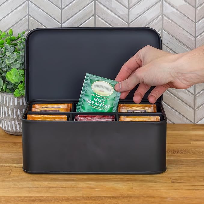 AuldHome Design Enamelware Tea Bag Box (Black), Classic Sleek Style Tea Storage Tin