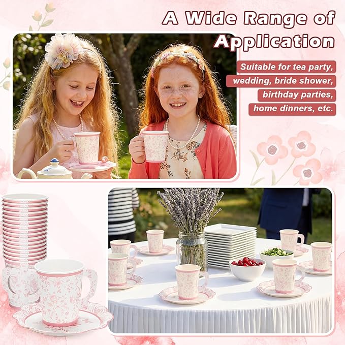 100 Sets Pink Floral Paper Tea Cups and Saucers Disposable Paper Tea Party Supplies 9 oz Cups with Handle and Saucer for Birthday Wedding Party Decorations