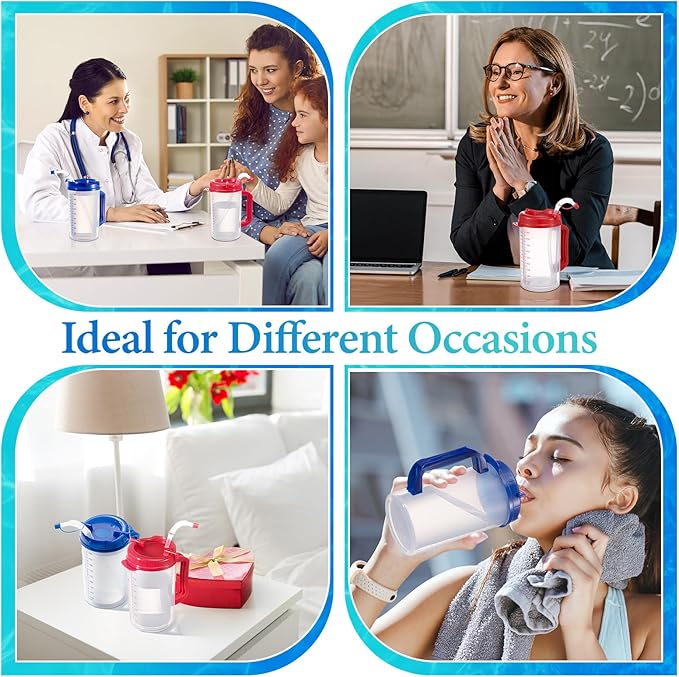 32 oz Hospital Water Cup with Straw and Lid Insulated Double Walled Water Cup with Handle and Straw Elderly Bottle Plastic Drinking Hospital Carafe Insulated Mug(Red and Blue,4)