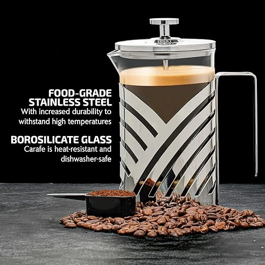 OVENTE French Press Coffee Maker 27 Ounce with Heat Resistant Borosilicate Glass, Stainless Steel Design and 4-Level Filter System, Portable Cold Brewer Pot for Travel, Camping or Gift, Silver FSD27P