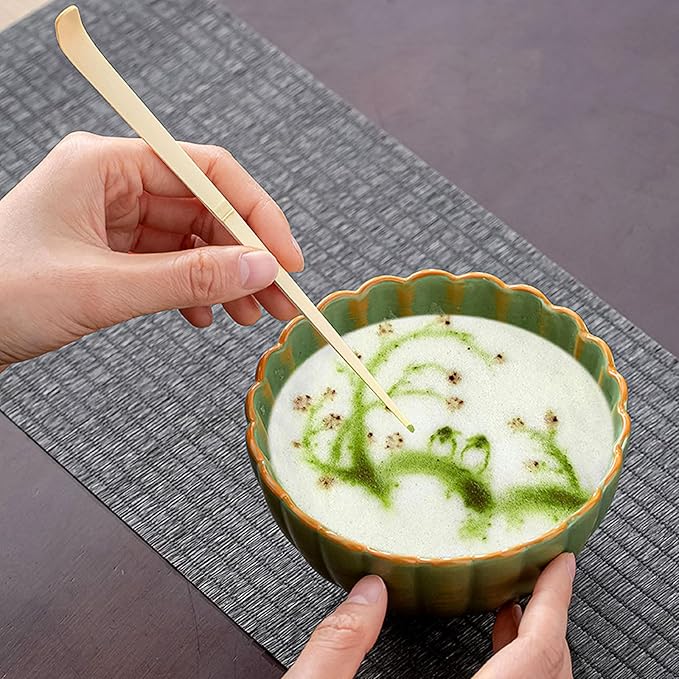 Traditional Japanese Matcha Tea Whisk Set, 4 Piece Bamboo Ceremonial Kit with Ceramic Holder (Celadon)