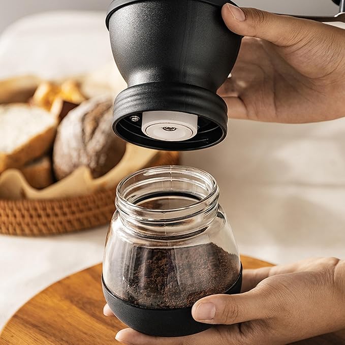 4-Piece Mini Manual Coffee Grinder Set with Conical Ceramic Burrs, Manual Adjustable Coarseness, Includes Two Glass Jars, Cleaning Brush, and Measuring Spoon