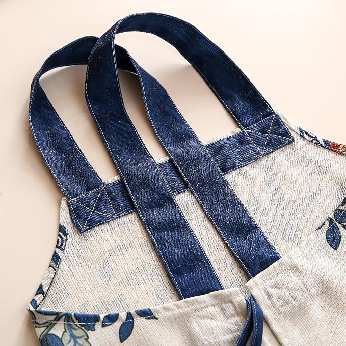 patdrea Blue Floral Linen Apron with Pocket,French Kitchen Garden Chef BBQ Aprons for Women and Men,Crisscross Back Straps - Image 8