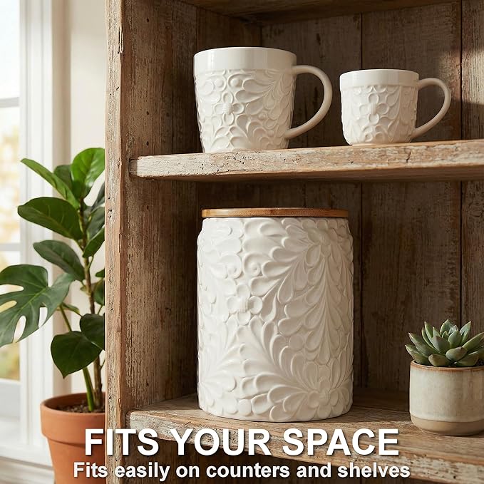 XXL 94 Oz Engraved Ceramic Kitchen Canister - Storage Jars with Airtight Lids Made from Bamboo with Nature-Inspired Engraving - Use as a Pasta Holder, Coffee Ground Holder, Rice Container, Candy Jar