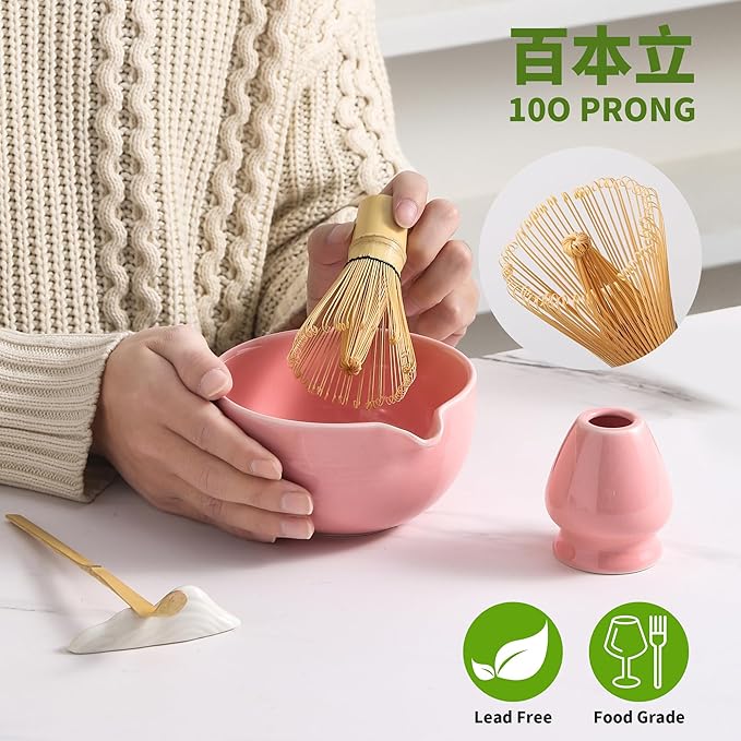 Matcha Whisk Set 5 Pcs, Matcha Kit Set Includes Matcha Bowl, Matcha Whisk and Holder, Bamboo Scoop and Sifter, Ceramic Matcha Set, Matcha Tea Set, Ideal Gift for Family/Friend (Pink)