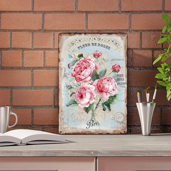 Sanwarm Metal Sign 8X12 Inch, Pink Floral Rose Vintage Tin Sign Wall Art Decor for Home, Living Room, Kitchen, Garden, Bedroom, Office, Hotel, Cafe And Pub Decoration - Image 4