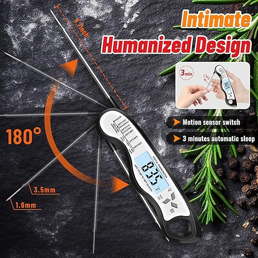Meat Thermometer, IP67 Waterproof Digital Meat Thermometer with Backlight, Hold Function & Magnet for Grill, BBQ, Candy, Beef,Turkey