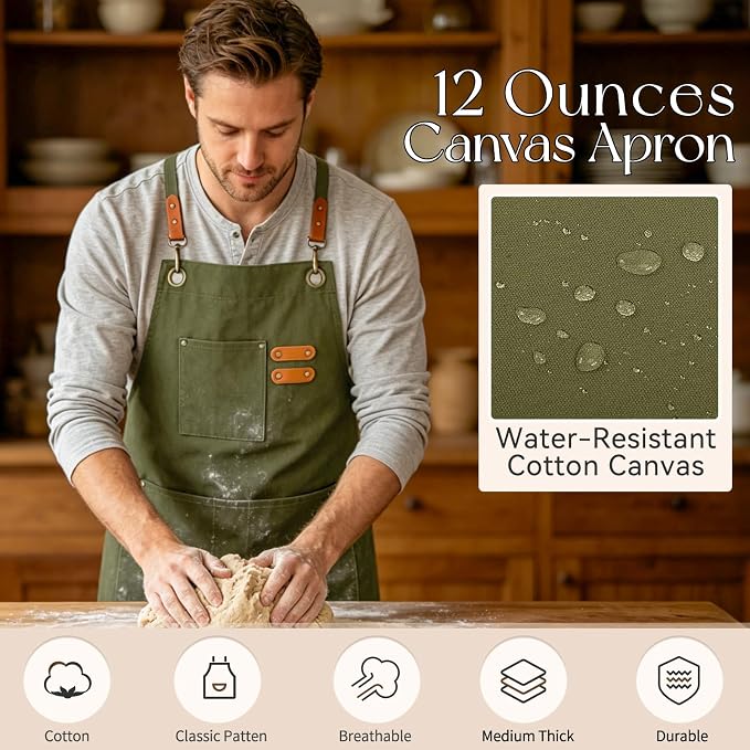 Chef Aprons for Men Women with Large Pockets, Cotton Canvas Water Repellent Kitchen Apron for Cooking - Image 6