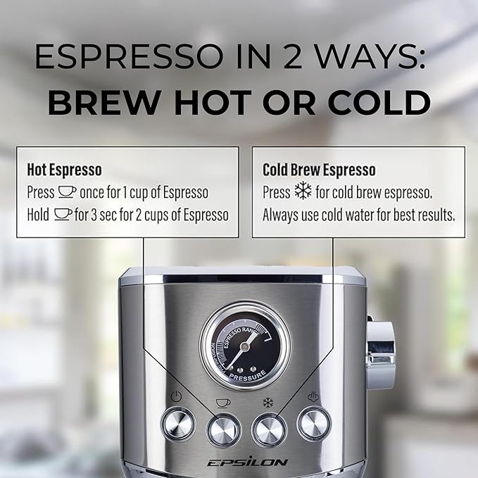 Epsilon Coffee Machine with Milk Frother, Compact 20-Bar Espresso Maker, Hot and Iced Coffee Maker with Removable Water Tank, Cold Brew Feature, and Steam Wand, 1.2L Capacity - Stainless Steel