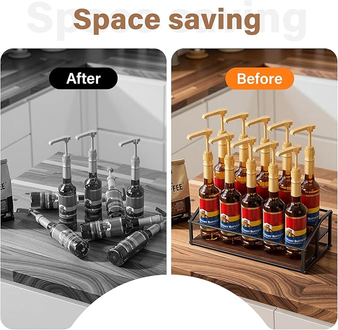 kimilus Coffee Syrup Organizer Rack, Liquor Bottle Display Shelf, 2 Tier 10 Syrup Bottles Holder Stand for Coffee Bar Kitchen Small Wine Rack for Family Storage for Syrup Wine Dressing