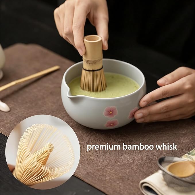 Matcha Whisk Set,8 Pcs Ceramic Matcha Set,Matcha Kit for Matcha Lovers,Tradition Tea Set Includes Bowl,Bamboo Whisk and Holder,Scoop,Sifter and Towel,Gift for Family and Friend (Light blue)