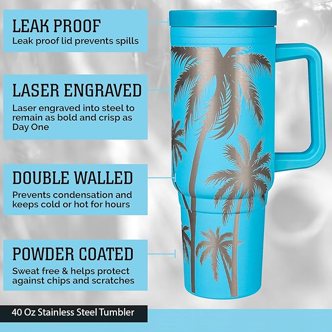 Engraved Palm Trees 40oz Insulated Tumbler with Handle, Lid & Straw - Use for Water, Tea, Coffee & More-Palm Tree 40oz Tumblers