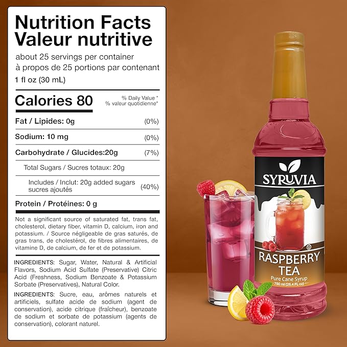 Syruvia Raspberry Tea Flavored Syrup for Drinks, Cocktails, Lemonades, Iced Teas and Desserts – 25.4 fl oz, With Pump