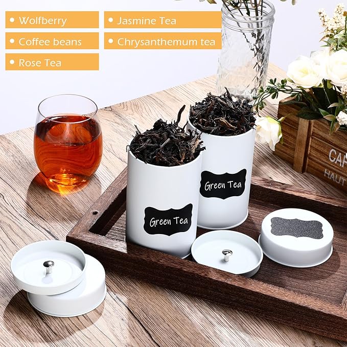Tanlade 3 Pcs Tea Tin Canister with Airtight Double Lids, 14 oz Tea Containers with 1 Erasable Chalk Marker and 16 Stickers Tin Can Box for Loose Leaf Coffee Sugar Candy Spices