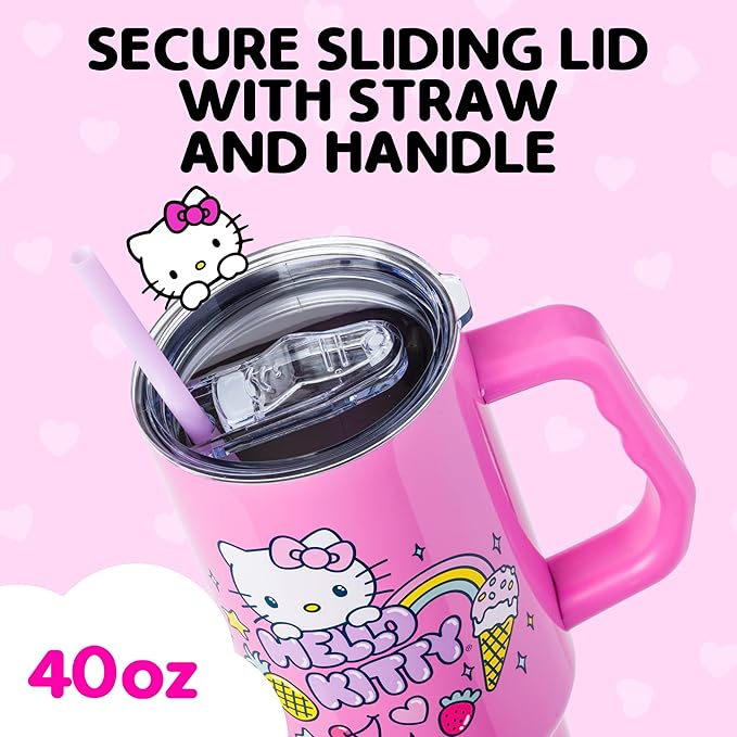 Silver Buffalo Sanrio Hello Kitty Summer Double Walled Stainless Steel Tumbler with Handle, Fits in Standard Cup Holder, 40 Ounces