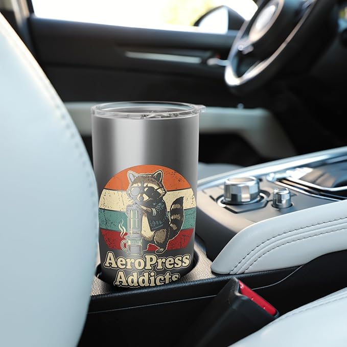 Retro Raccoon Coffee Lover Shirts AeroPress Addicts Stainless Steel Insulated Tumbler