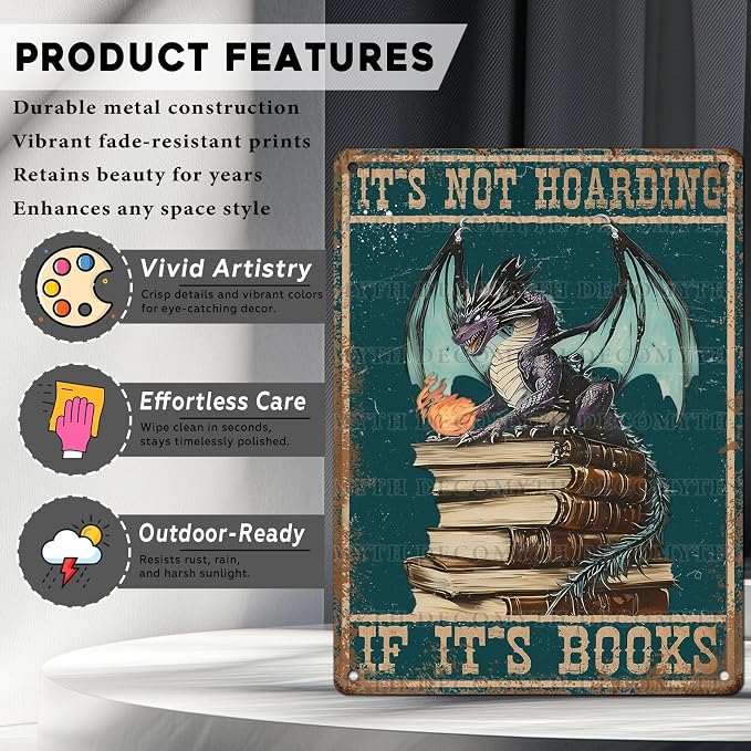 Metal Dragon Tin Sign It's Not Hoarding If It's Books Vintage Sign for Home Cafe Bedroom Library Bookshelf Wall Decor 12 * 16inch - Image 2