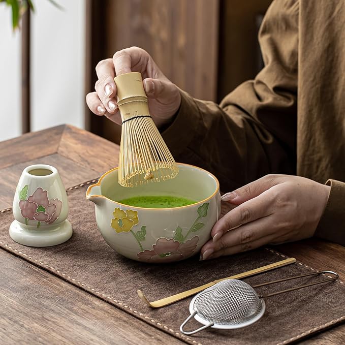 Matcha Set, Matcha Whisk Set Includes Hand-Drawn Matcha Bowl with Spout, Bamboo Whisk, Matcha Whisk Holder, Bamboo Scoop, Sifter - 5pcs Perfect Matcha Kit for Matcha Tea Ceremony