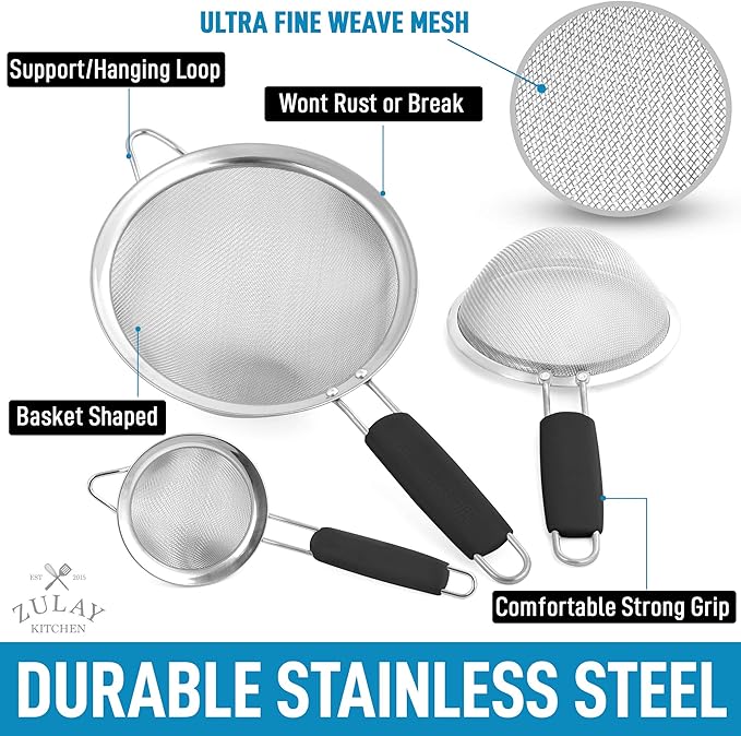 Zulay Kitchen Premium Stainless Steel Fine Mesh Strainer Set - Strainers For Kitchen (Set of 3) With Non-Slip Handles - Includes A Small, Medium & Large Fine Mesh Sieve Set - Durable Metal Strainer