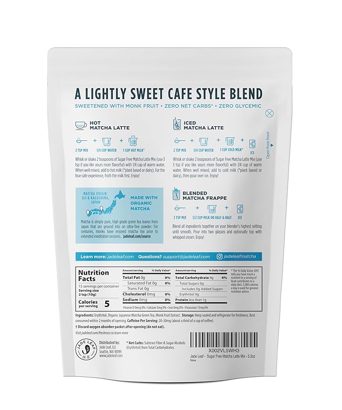 Jade Leaf Matcha Sugar Free Matcha Latte Mix - Japanese Matcha Powder, Lightly Sweetened for Café Style Blends, 5.3 Ounce / 150g (Pack of 1)