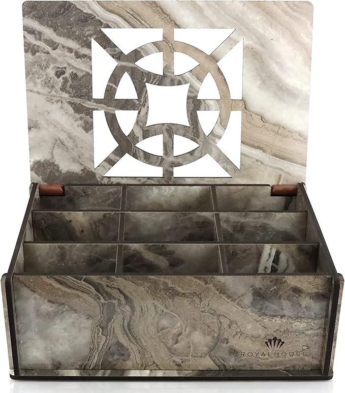RoyalHouse Premium Wood (Hard MDF) Tea Storage Box Organizer (Grey Marble), Eco-Friendly Multi-Functional Decorative Box, 9 Compartments For Assorted Variety Of Tea Bags and Small Items