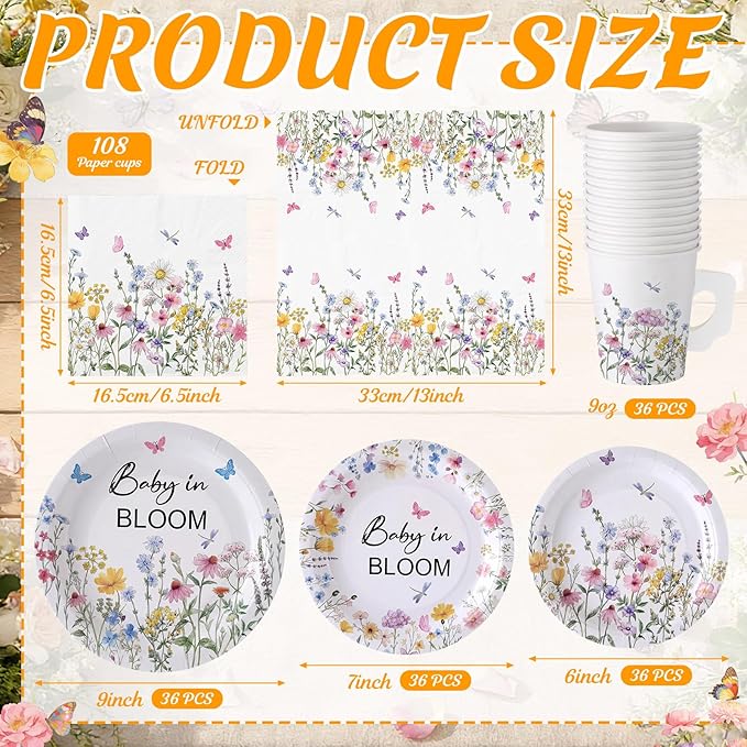Pickmesh 252 Pcs Baby in Bloom Tea Party Supplies for 36 Guests Wildflower Paper Disposable Dinnerware Flower Teacup with Handle and Saucers Set for Tea Party Decorations Birthday Baby Shower Wedding