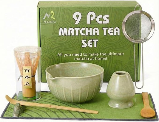 Matcha Whisk Set 9 Pcs | 19oz Ceramic Matcha Bowl with Bamboo Whisk & Holder, Sifter, Chashaku Scoop, Wooden Spoon, Scoop Rest, Tea Towel & Gift Box | Complete Matcha Set Kit for Matcha Lovers