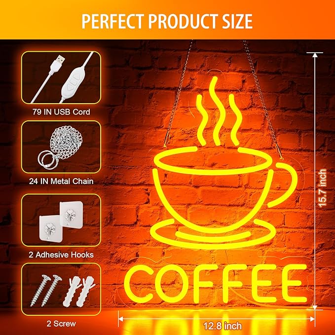 Basaneon Coffee Neon Sign for Wall Decor Dimmable Modern Led Sign for Cafe Shop, USB Powered Coffee Cup Neon Signs Light Up for Cafe Station Accessories Art Decor Party Decorations(15.7 * 12.8inches)