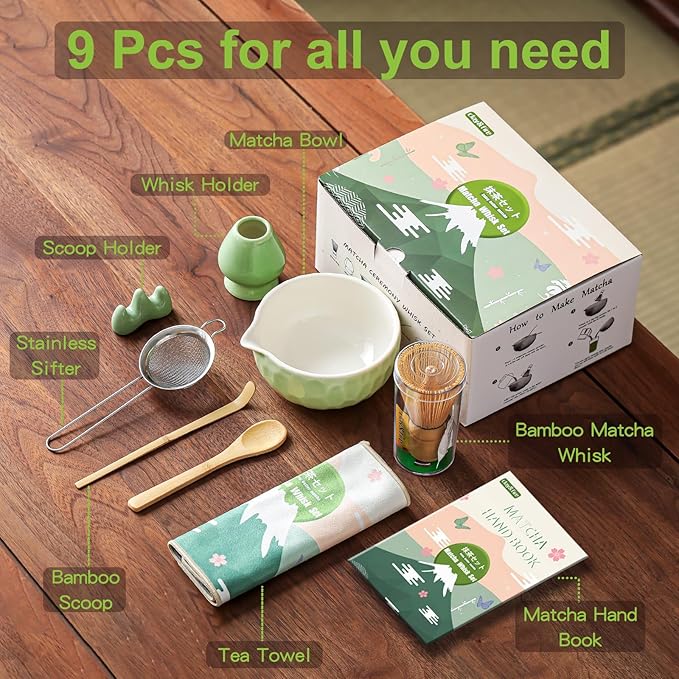 Clay&Fire Matcha Whisk Set, 9 pcs Ceramic Matcha Set, Gifts for Women,Matcha Bowl with Spout and Whisk, Matcha Kit for Matcha Lovers, Ideal Gift Christmas, Birthday, Anniversary(Pink) (Jade Green)