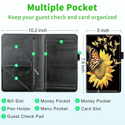 Server Books for Waitress, with 7 Large Pockets, Waiter Serving Book, Waitstaff Server Order Pads, Cute PU Leather Server Book with Pen Holder Fit Server Apron,Butterfly & Birds - Image 3