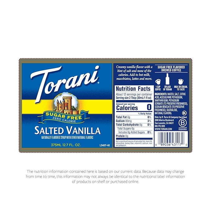 Torani Salted Vanilla Syrup, Sugar Free, Kosher, 12.7 Fluid Ounce (Pack of 4)