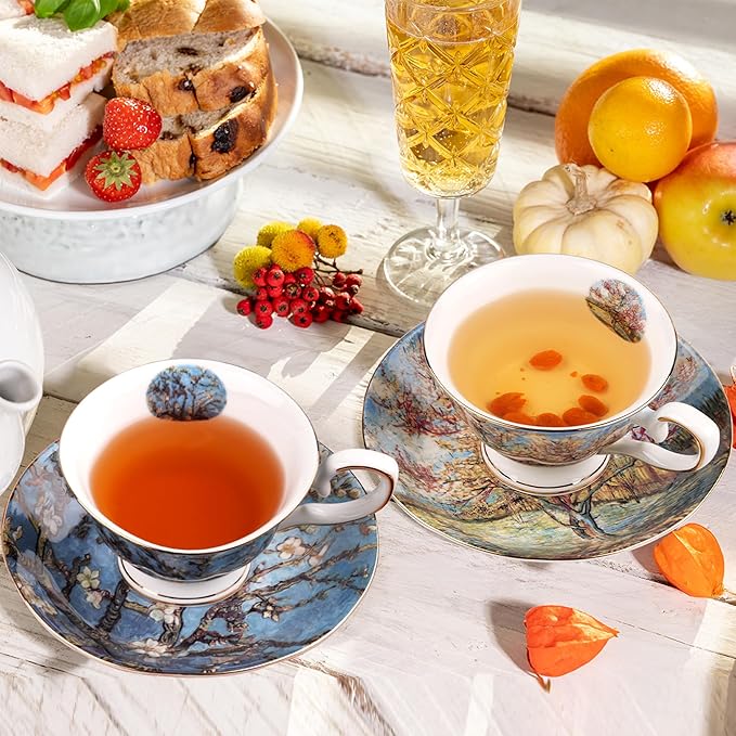 Floral Tea Cups Saucers Set of 2, Bone China 7 oz British Teacups Porcelain Coffee Cup for Rose Tea Cappuccino Espresso Latte (Apricot & Peach Blossom)