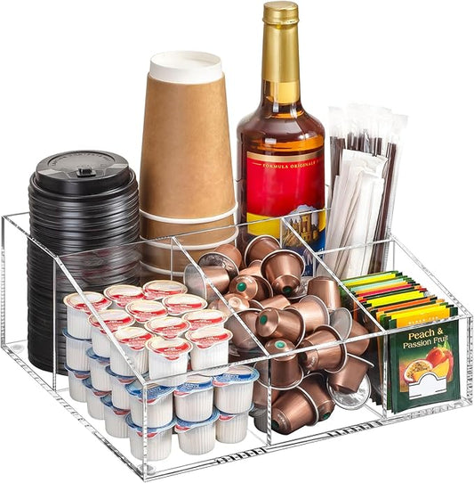 BEYGORM Acrylic Coffee Bar Station Organizer for Countertop,Office Breakroom Clear Snack Tea Storage Accessories Holder for Kcup Pod Condiment Cup Sugar Creamer Syrup, Coffee Gift for Coffee Lovers