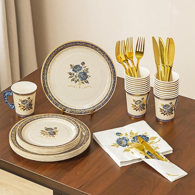 Baffect 145 Pcs Tea Party Supplies, Include Paper Tea Cups With Handle, 9" Garden Tea Party Plates, 7" Floral Saucers, Napkins, Gold Knives, Forks & 1 Disposable Tablecloth (Set Of 24, Blue & Gold)