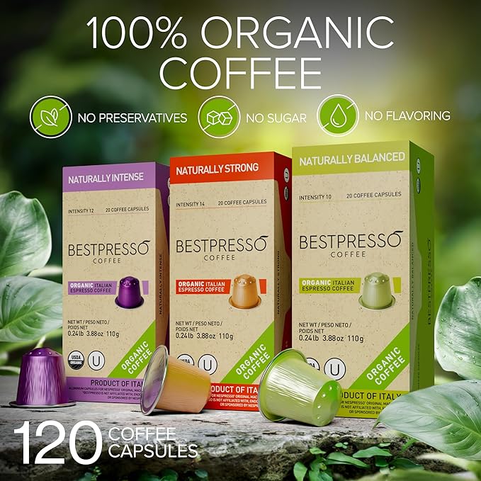 Organic USDA Bestpresso Coffee Aluminum Espresso Pods For Nespresso Original Machine 120 Pack (Variety Pack)
