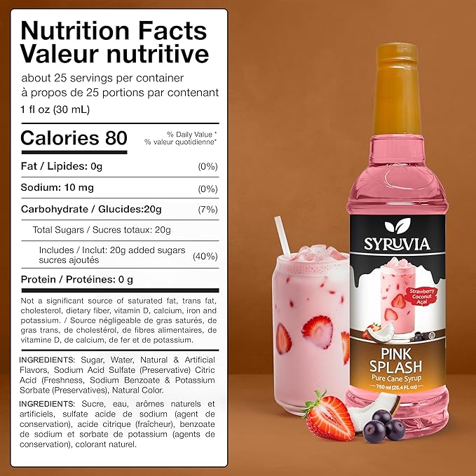 Syruvia Pink Splash Flavored Syrup for Drinks, Cocktails, Lemonades, Iced Teas and Desserts – 25.4 fl oz, With Pump
