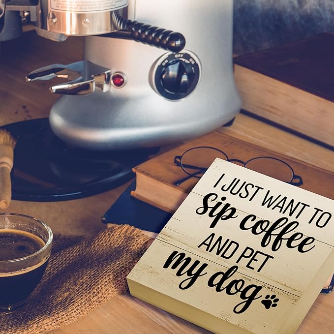 Dog Lover Gifts for Home Office Decor, Sip Coffee and Pet My Dog, Rustic Wooden Sign 5x5 Inches